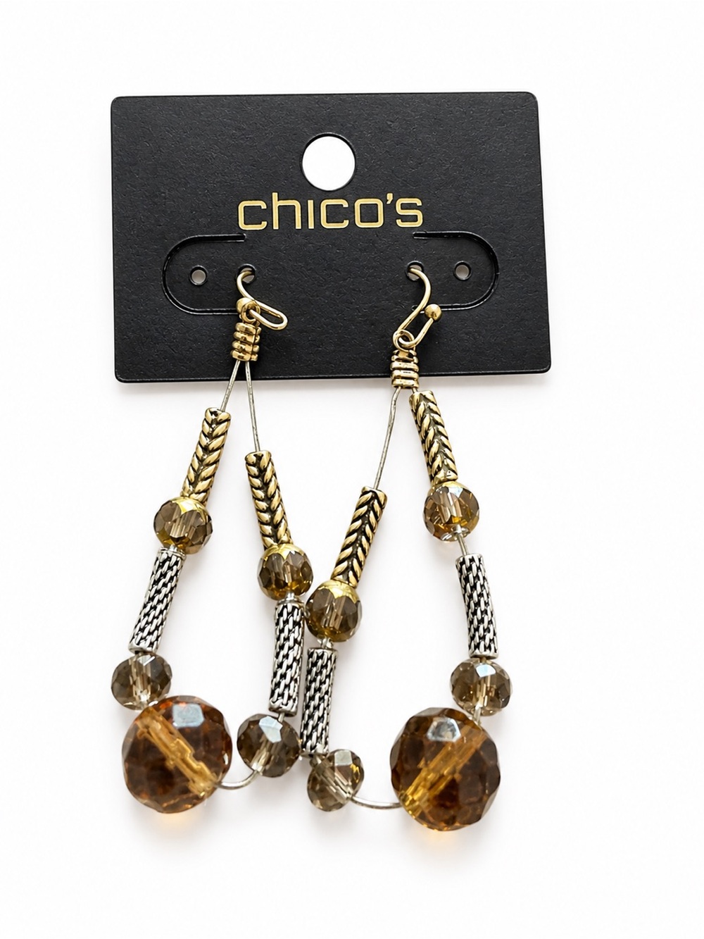 Chico’s Beaded‎ Drop Earrings Brown Gold Tone Boho Dangle NWT